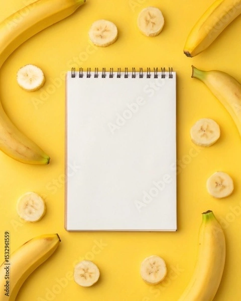 Fototapeta Slicing fresh bananas around a notepad on a bright yellow surface for creative writing inspiration.