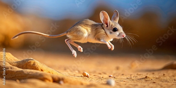 Fototapeta A small desert mouse is captured mid-leap over a sandy surface, showcasing its agility and vibrant fur. The scene highlights the unique features of its environment