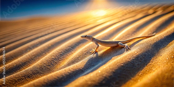 Fototapeta A lizard moves through the rippled sand of a desert as the sun sets, casting warm hues across the landscape. The serene moment highlights the natural beauty of the environment