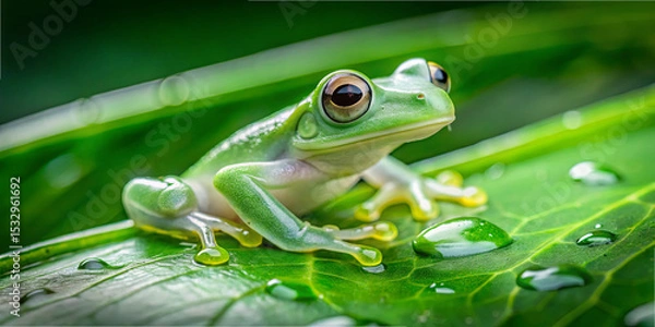 Fototapeta A vibrant green frog sits on a large leaf, surrounded by glistening water droplets. The tropical setting showcases rich foliage under bright afternoon light, creating a lively atmosphere