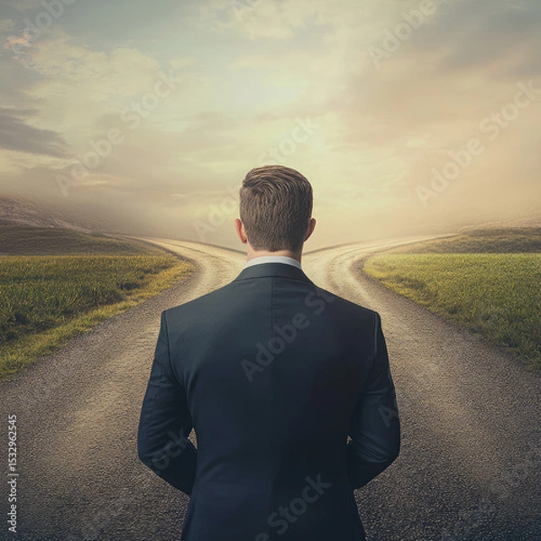 Fototapeta Rear view of businessman in front of crossroad, fork, where road is divided in two different ways. Choosing right way between left and right, failure or success. Difficult decision