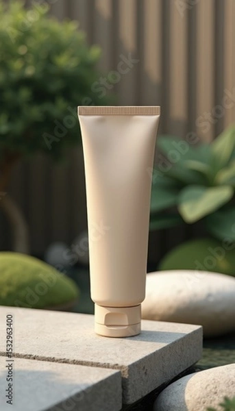 Fototapeta Elegant beige cosmetic tube placed on a stone surface, surrounded by greenery, showcasing beauty and skincare products in a serene setting.