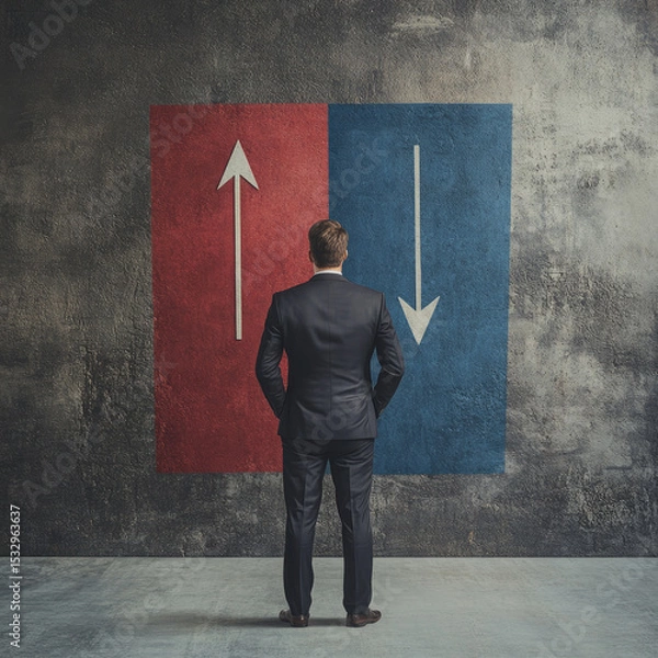 Fototapeta Puzzled businessman. Right choice , failure or success. Difficult decision and concept of doubt