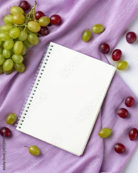 Fototapeta Arranging red and green grapes around a white notebook on soft purple cloth a creative still life composition for photography inspiration.