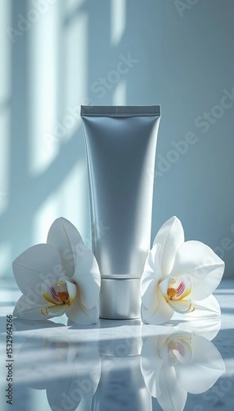 Fototapeta Elegant skincare tube surrounded by delicate white orchids, showcasing a serene and sophisticated beauty aesthetic.