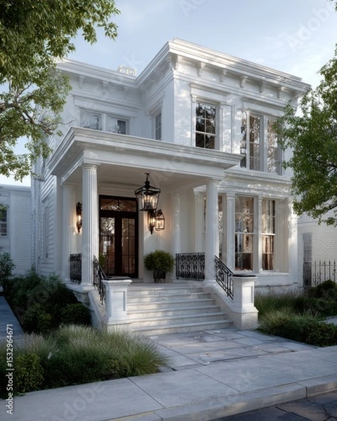 Fototapeta White Two Story Colonial House with Columns and Landscaping