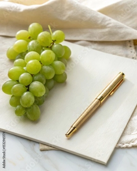 Fototapeta Capturing the essence of green grapes with a gold pen on cream paper in soft morning light with linen accents.