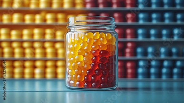Fototapeta Jar of colorful capsules on table, shelves of pills in background
