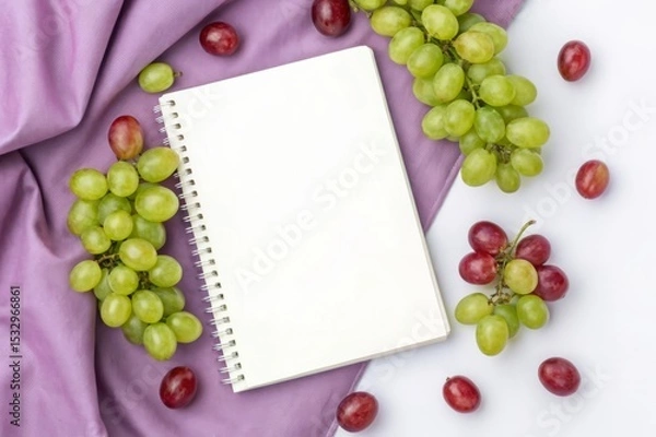 Fototapeta Beautifully arranged red and green grapes surrounding a soft purple cloth on a white notebook - a captivating still life composition for culinary inspiration.