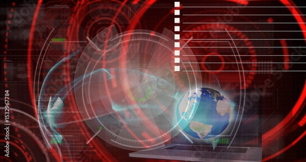 Obraz Holographic Earth globe floating in control center on grid, with laptop keyboard and HUD reticles