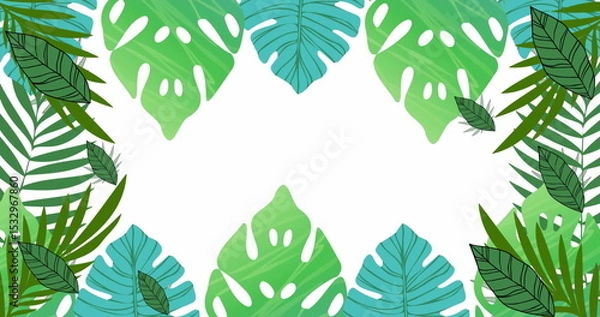 Obraz Framing tropical leafy border around white center, using layered monstera, palm fronds, fern leaves