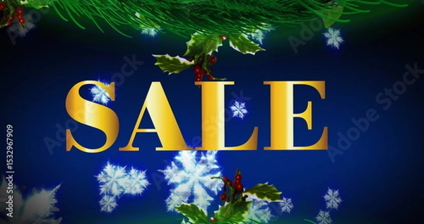 Fototapeta Glittering golden SALE letters shining on blue gradient, framing snowflakes, holly and pine needles