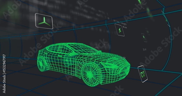 Obraz Displaying neon green wireframe sedan model in dark grid chamber, with floating digital CO? panels