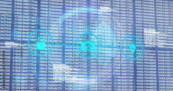 Obraz Displaying padlock, computer and location pin icons on horizontal line over data columns on screen