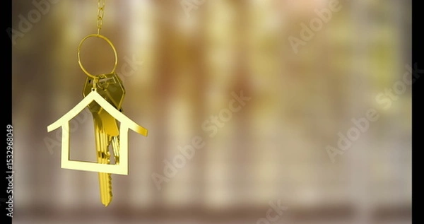 Obraz Dangling gold house-shaped keyring on gold chain with metal keys against warm backdrop, copy space