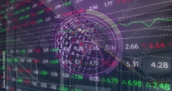 Obraz Displaying digital globe streaming binary code over corporate façade, with stock tickers