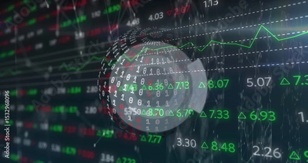 Fototapeta Rotating binary-digit globe on screen, showing code streams, price-triangles, green line graph