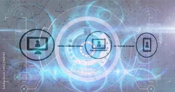 Obraz Displaying circular holographic interface in grid background with monitor, laptop, smartphone icons