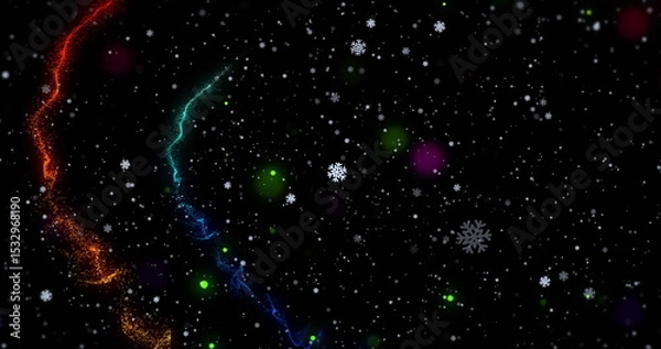 Obraz Swirling orange and cyan sparks rising through dark space, snowflakes, green purple orbs copy space