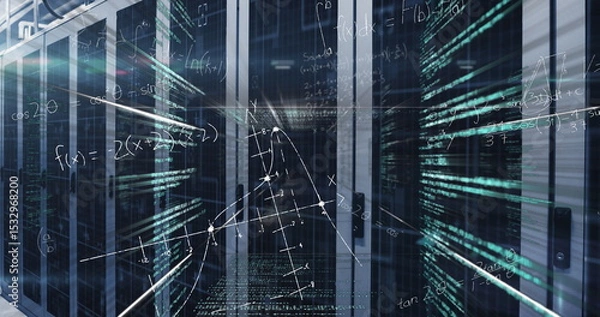 Obraz Glowing server rack in data center corridor, with LED lights, binary streams, mathematical overlays