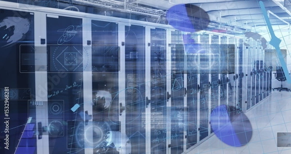 Obraz Displaying server cabinets in data center under cable trays, with translucent blue graphic overlays