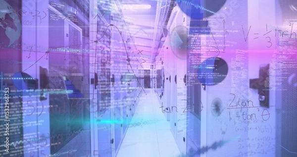 Fototapeta Displaying server rack aisle glowing purple and blue code overlays in data center, with cable trays