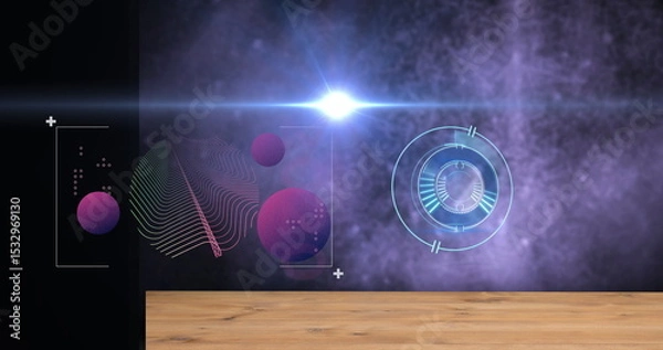 Obraz Wooden tabletop spanning nebula in interface, featuring magenta spheres, wavy grid and blue HUD
