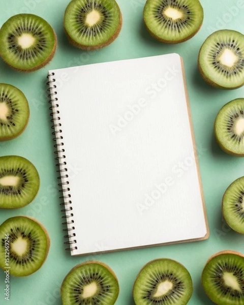Fototapeta Arranging kiwi fruit halves and slices around a white notebook on fresh mint green background for creative inspiration and food photography.