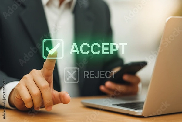 Fototapeta Businessman Touches Virtual Green Accept Button on Digital Screen in Modern Office Setting for Approval and Confirmation Concept
