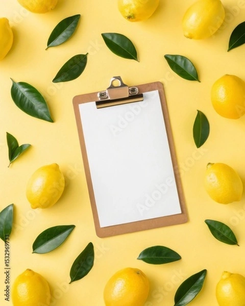 Fototapeta Captivating display of fresh lemons and lush lemon leaves on a charming clipboard set against a bright pastel yellow background.