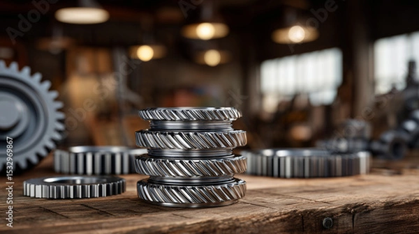 Fototapeta Close-up of shiny steel ball bearings stacked neatly on a worn wooden workbench, surrounded by various sized metal gears and precision tools, soft workshop lighting highlighting th