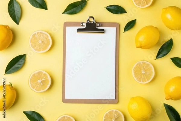 Fototapeta Arranging fresh lemons and lemon leaves on a small clipboard in a bright pastel yellow setting for a vibrant kitchen display.