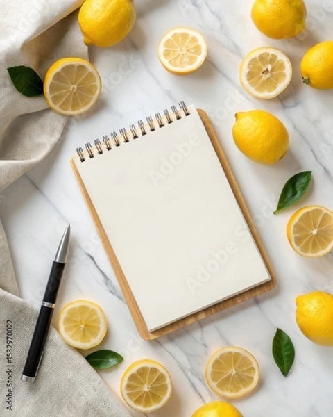 Fototapeta Slicing lemons elegantly arranged on notepad with linen cloth on marble tabletop for culinary inspiration.