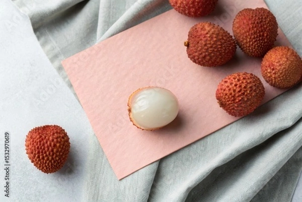 Fototapeta Peeled and whole lychee fruit arrangement on soft grey pastel paper for artful display and photography.