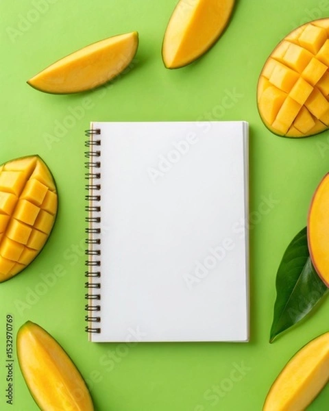 Fototapeta Fanned mango slices surrounding a notebook on vibrant green surface capturing the essence of tropical inspiration.