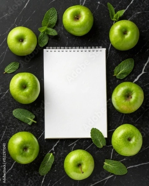 Fototapeta Captivating arrangement of green apples and fresh mint leaves surrounding a white notepad on luxurious black marble surface in a minimalist flat lay style.