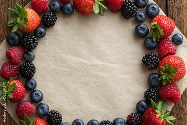 Fototapeta Vibrant mixed berries encircling rustic paper on a charming tabletop a deliciously artistic display.