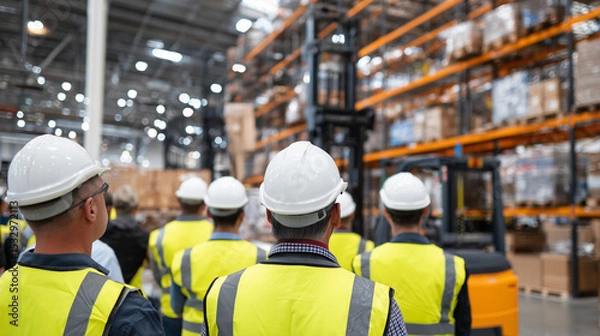 Fototapeta Wide-angle view of a group of factory employees listening attentively during a safety training session, surrounded by industrial equipment and tall shelving units under bright over