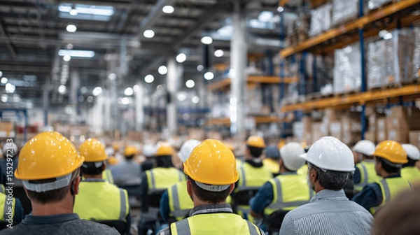 Fototapeta Wide-angle view of a group of factory employees listening attentively during a safety training session, surrounded by industrial equipment and tall shelving units under bright over