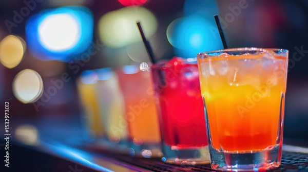 Obraz Colorful Cocktails on Bar Counter with Bokeh Lights – Vibrant Nightlife Scene for Party, Drink, and Hospitality Concepts