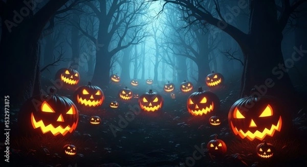 Obraz Spooky Halloween Forest Path - Jack-o'-lanterns illuminate a dark, mysterious forest path on Halloween night. A spooky and atmospheric scene