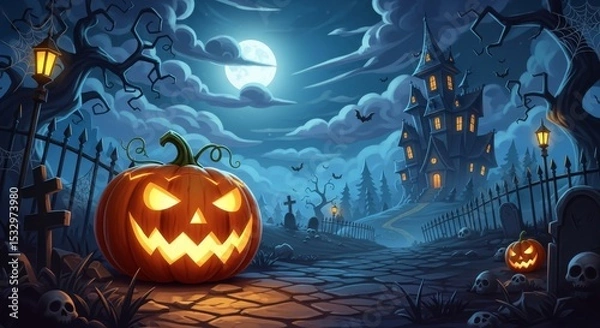 Obraz Spooky Halloween Night Scene - A jack-o'-lantern glows brightly on a cobblestone path leading to a spooky haunted house under a full moon