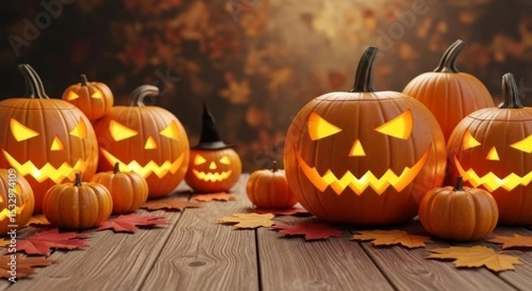 Obraz Spooky Halloween Pumpkins on Wooden Table - Group of carved pumpkins with glowing faces, autumn leaves, wooden background. Perfect for Halloween