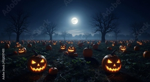 Obraz Spooky Halloween Pumpkin Patch Night - A field of glowing jack-o'-lanterns under a full moon on a dark, misty Halloween night