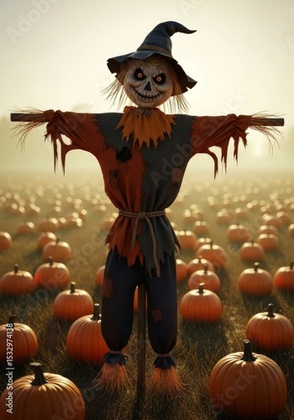 Obraz Spooky Scarecrow in Pumpkin Patch - A terrifying scarecrow with a sinister grin stands in a field of pumpkins on a hazy morning. Halloween, autumn, harvest