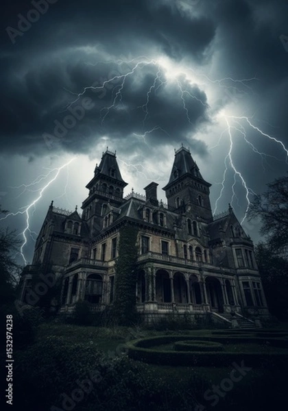 Obraz Stormy Night Mansion - An old mansion stands silhouetted against a dramatic stormy sky filled with lightning