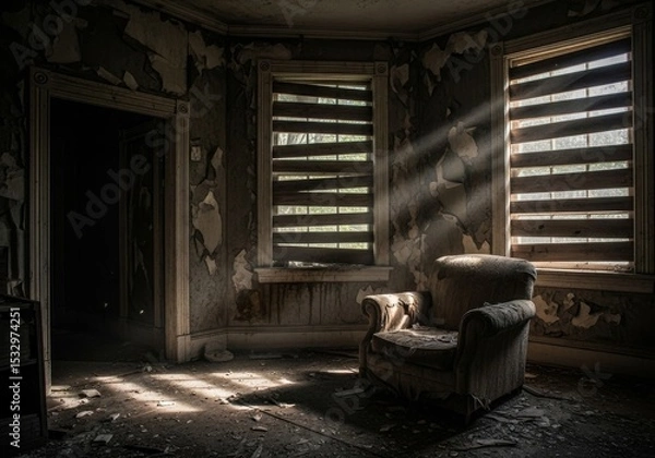 Obraz Sunbeams in Abandoned Room - Sunbeams illuminate dust motes in a decaying room, highlighting a worn armchair. The peeling walls and broken blinds evoke a sense of forgotten time