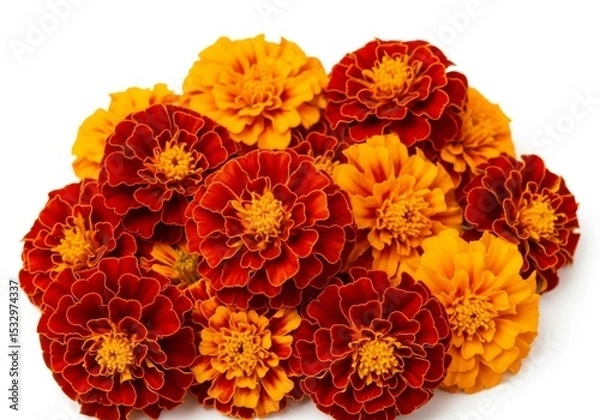 Obraz Vibrant Marigold Cluster - A close-up shot of a bunch of orange and red marigolds, isolated on a white background