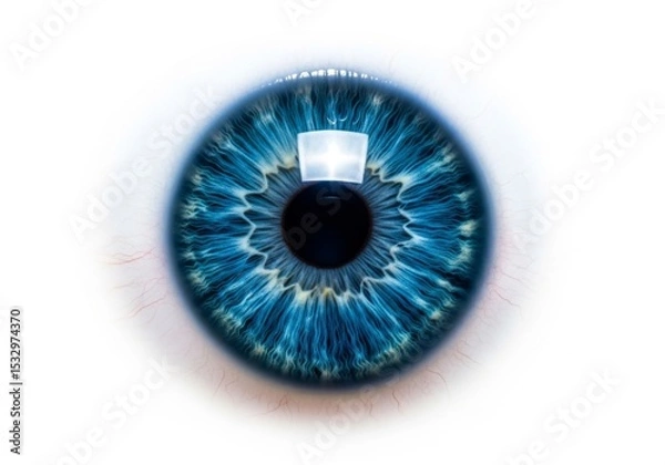 Obraz Vivid Blue Human Eye Close Up - A detailed close-up shot of a striking blue human eye, showcasing intricate iris details against a white background