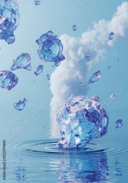 Obraz Water Droplets Falling into Calm Water - Abstract of blue water droplets falling and creating ripples on a calm water surface against a light blue sky with clouds